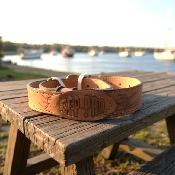 Zep Pro fish pattern belt Marlin Leather Canvas USA Size 46 Brass Buckle mens - Picture 1 of 8